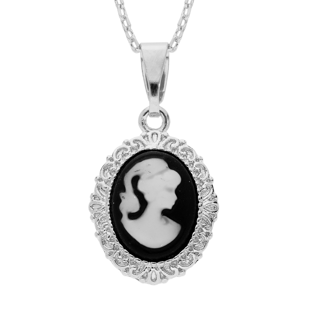 Collier en argent rhodié chaîne avec pendentif Camée noir 40+5cm