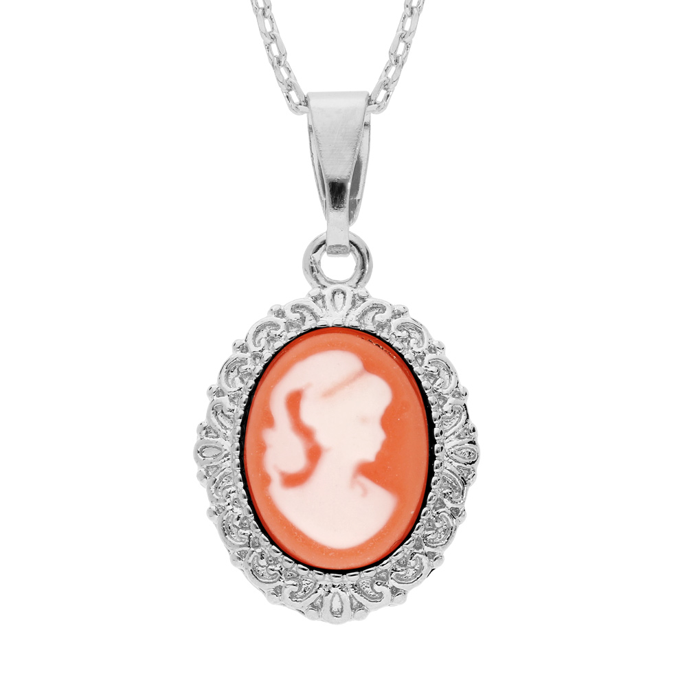 Collier en argent rhodié chaîne avec pendentif Camée rose 40+5cm