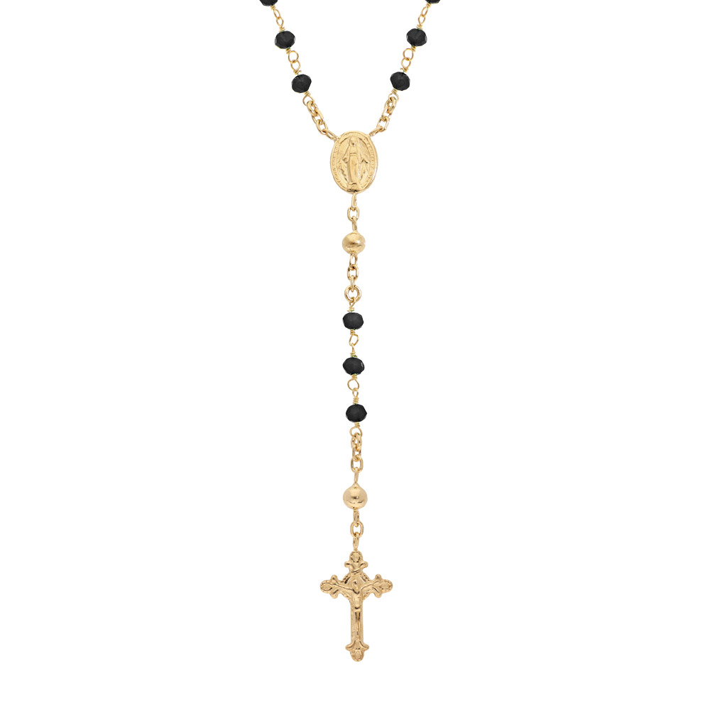 Collier en argent et dorure jaune chapelet avec perles en verre facette noires 50+5cm