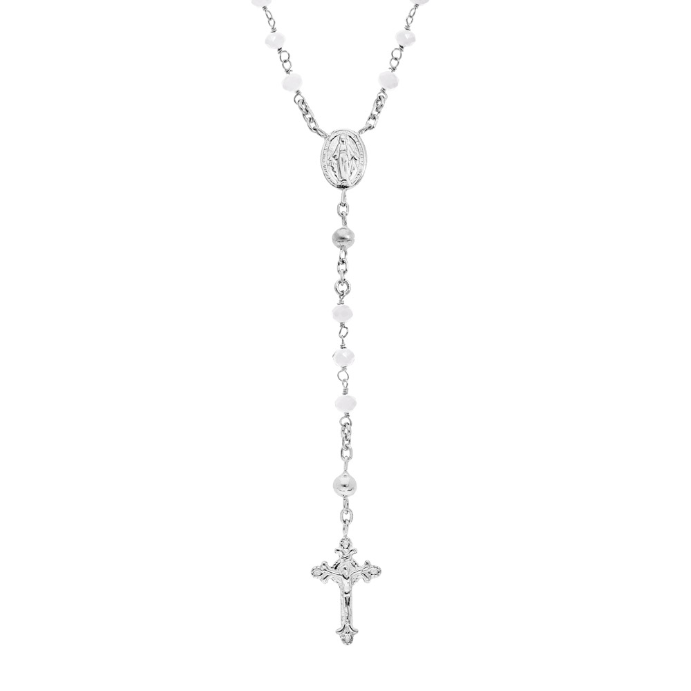 Collier en argent rhodié chapelet avec perles en verre facette blanc 50+5cm
