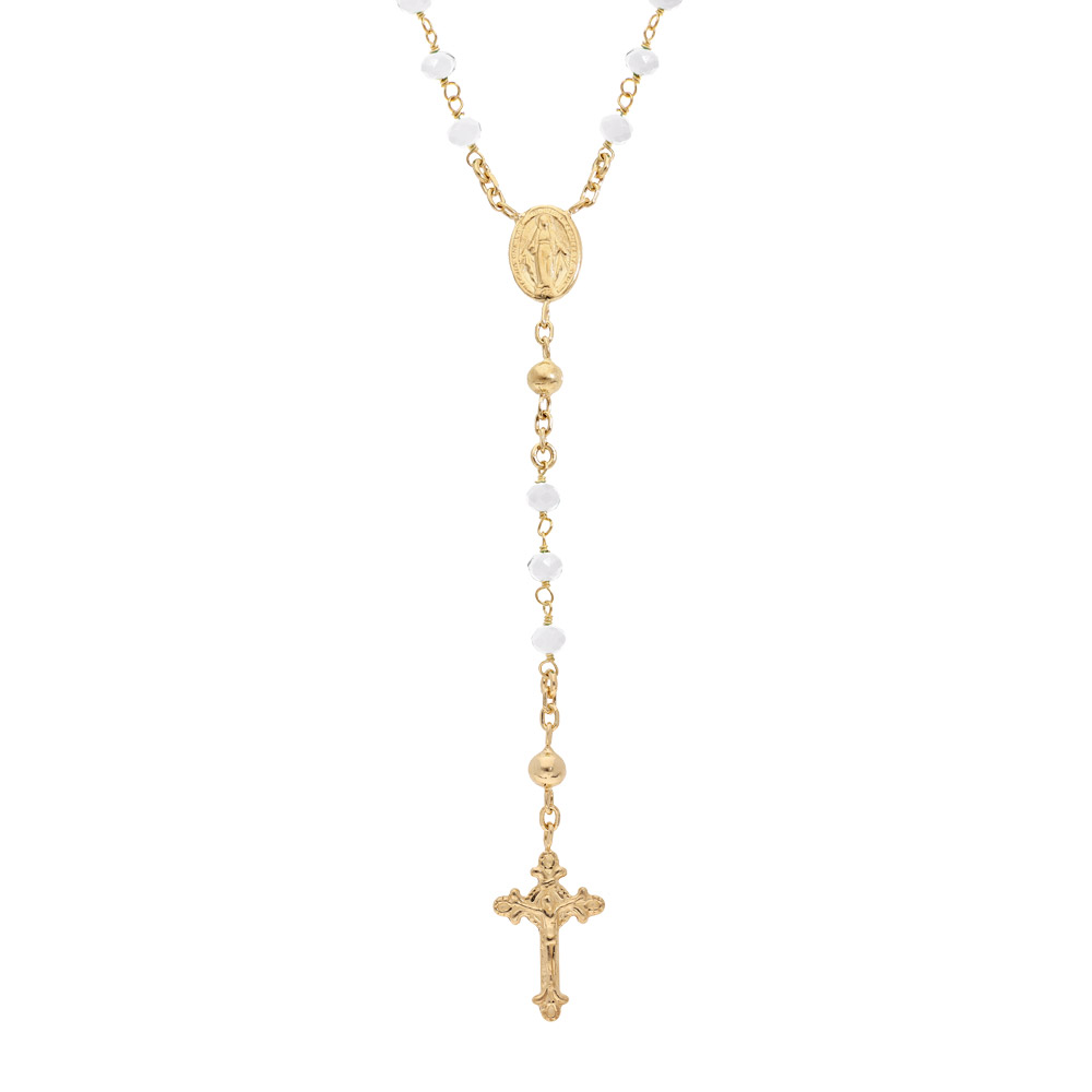 Collier en argent et dorure jaune chapelet avec perles en verre facette blanc 50+5cm