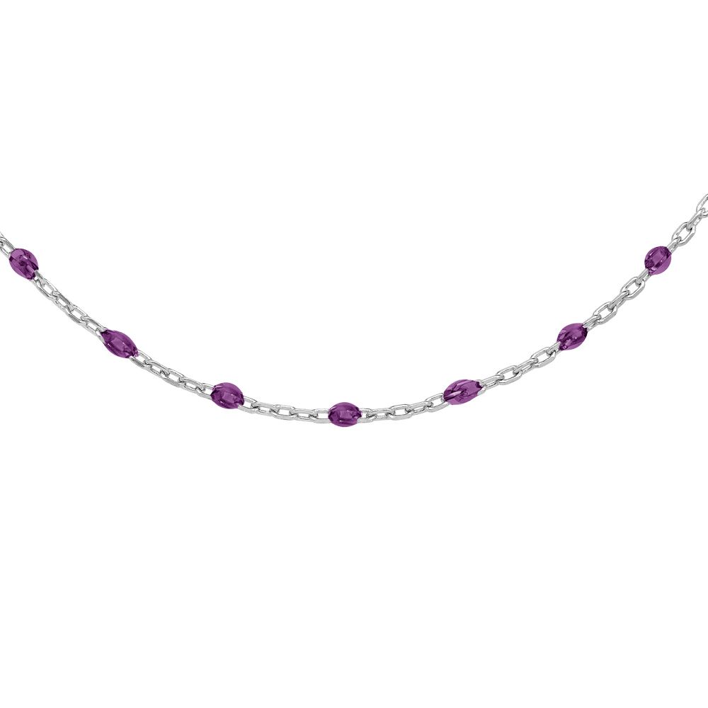 Collier Sautoir en argent rhodié chaîne avec olives couleur violet transparent 60+10cm
