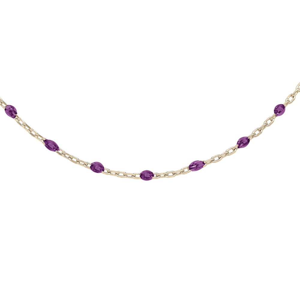 Collier Sautoir en argent et dorure jaune chaîne avec olives couleur violet transparent 60+10cm