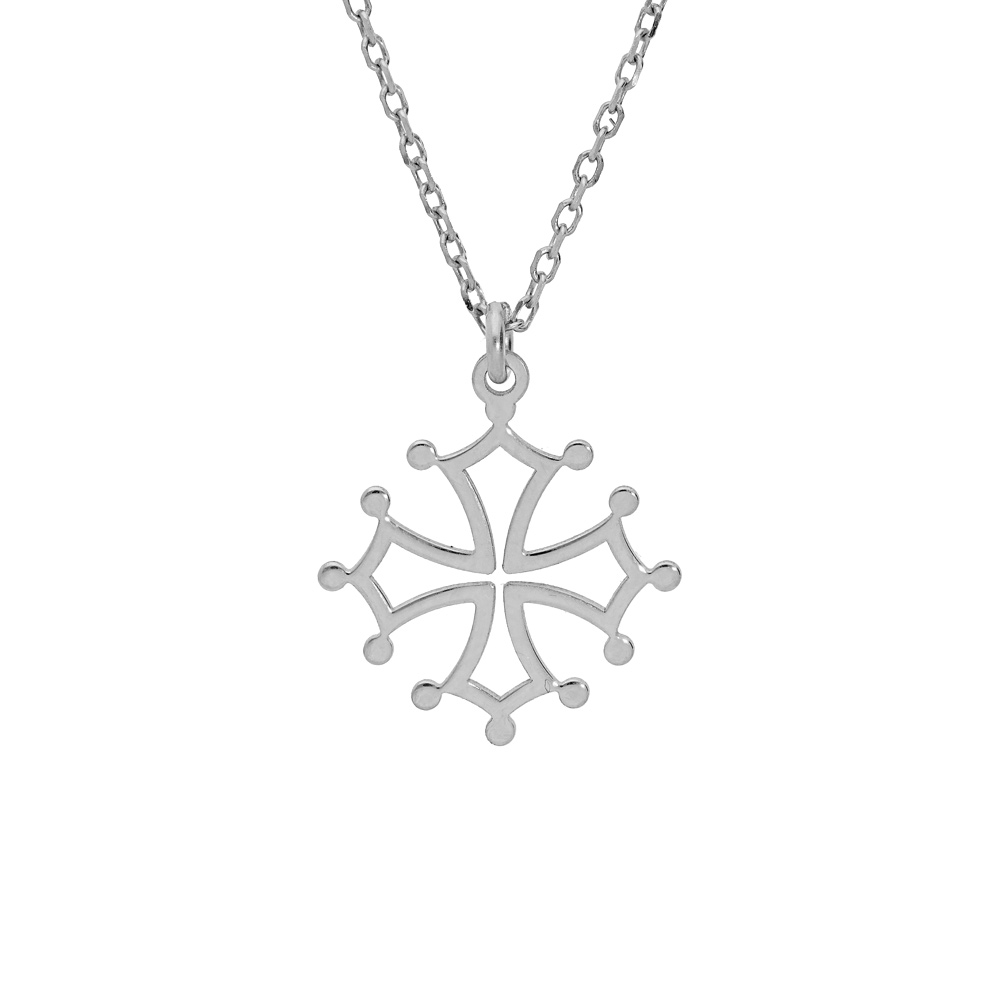 Collier en argent rhodié chaîne avec pendentif croix Occitane petit modèle 41+4cm