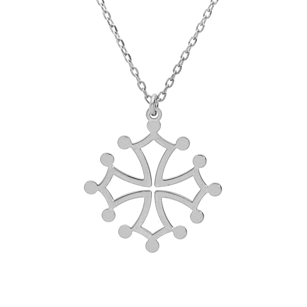 Collier en argent rhodié chaîne avec pendentif croix Occitane grand modèle 41+4cm
