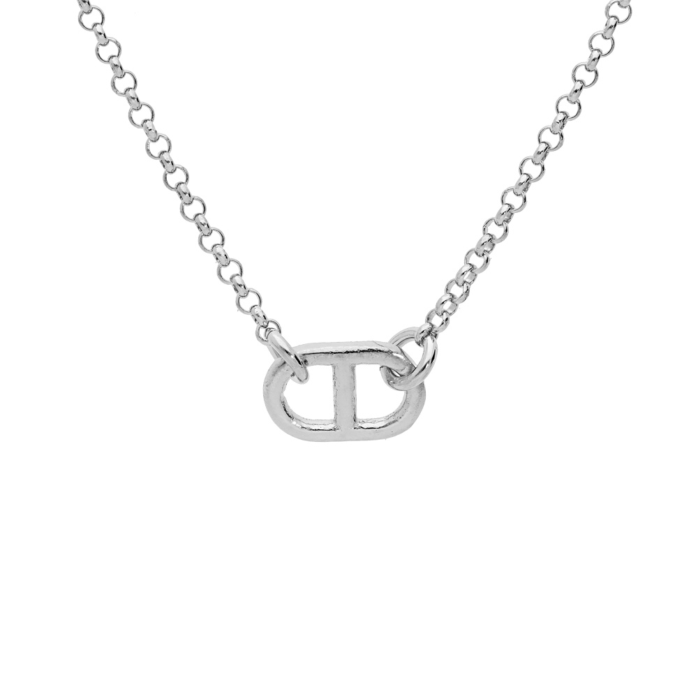 Collier en argent platiné chaîne maille fantaisie et pendentif grande maille marine 40+5cm