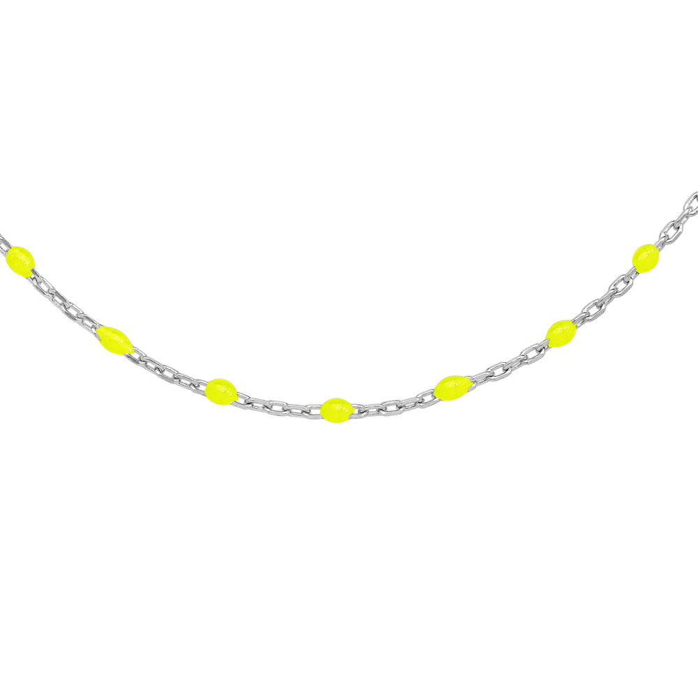 Collier Sautoir en argent rhodié chaîne avec olives couleur jaune fluo 60+10cm