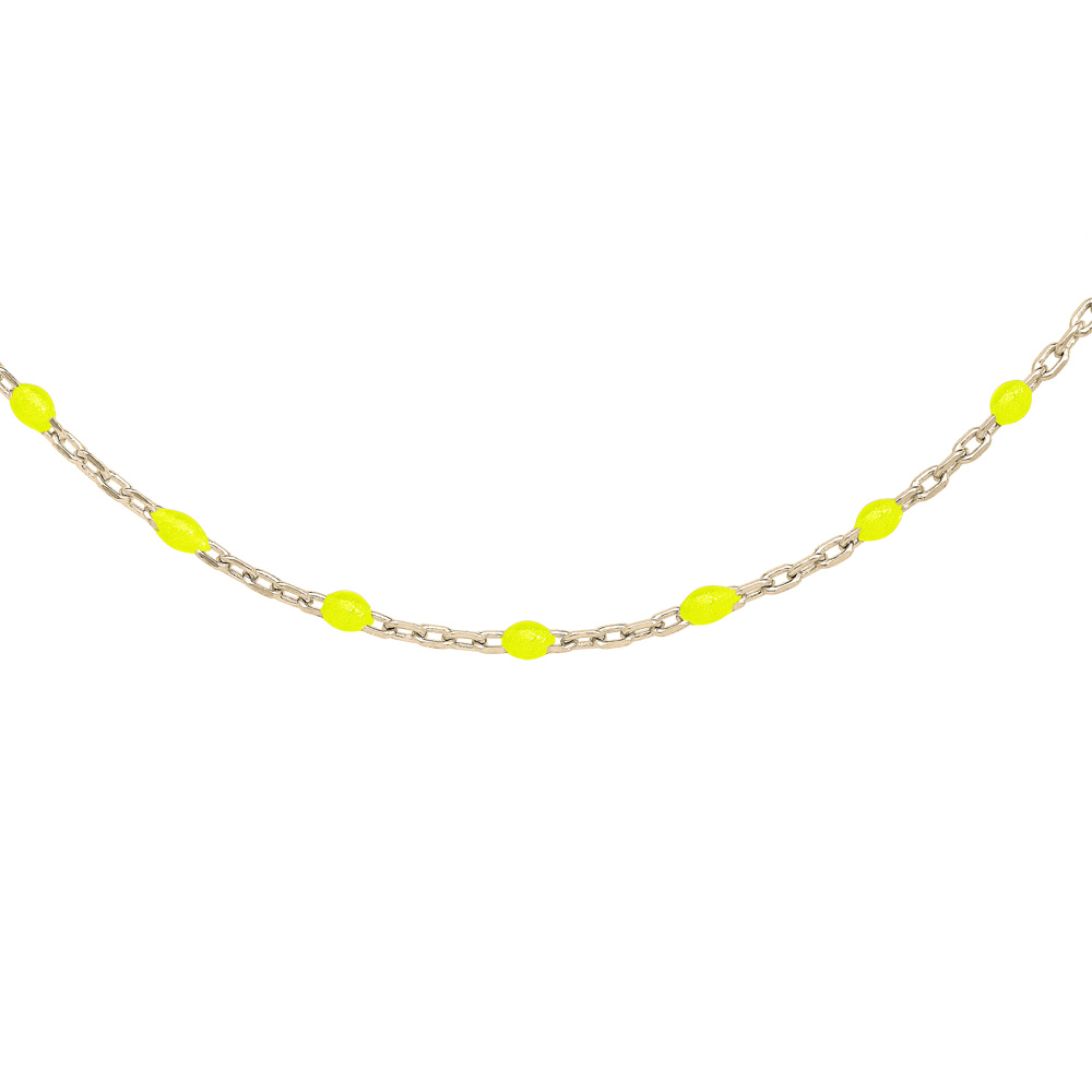 Collier Sautoir en argent et dorure jaune chaîne avec olives couleur jaune fluo 60+10cm