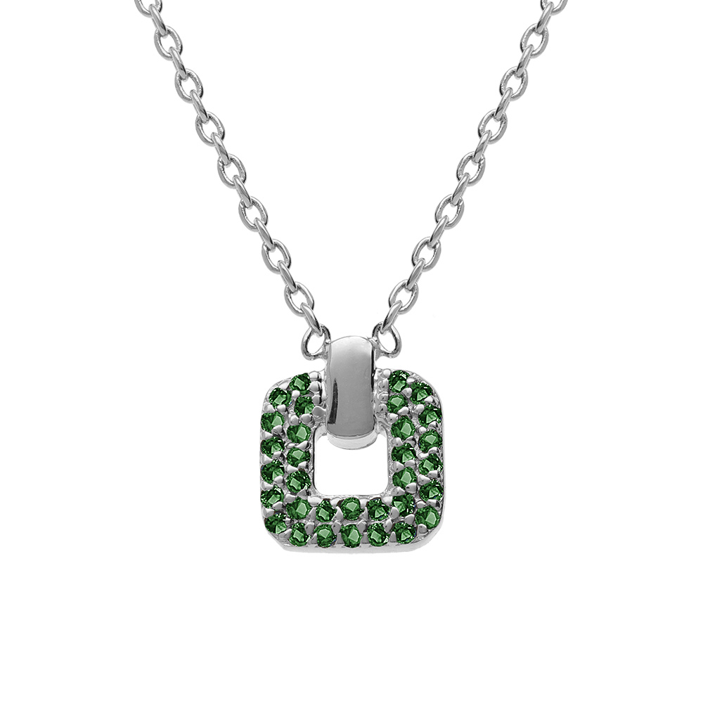 Collier en argent rhodié avec pendentif carré oxydes verts sertis 38+4cm