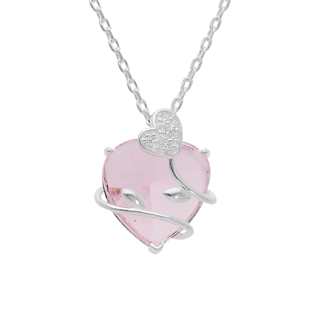 Collier en argent platiné chaîne avec pendentif coeur oxyde rose et arabesque d'argent 42+3cm