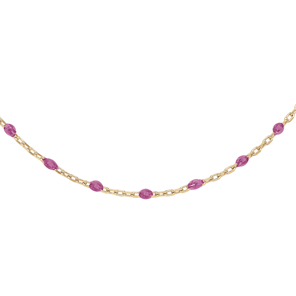 Collier Sautoir en argent et dorure jaune chaîne avec olives couleur framboise transparent 60+10cm