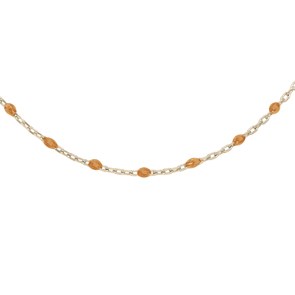 Collier Sautoir en argent et dorure jaune chaîne avec olives couleur orange transparent 60cm+10cm