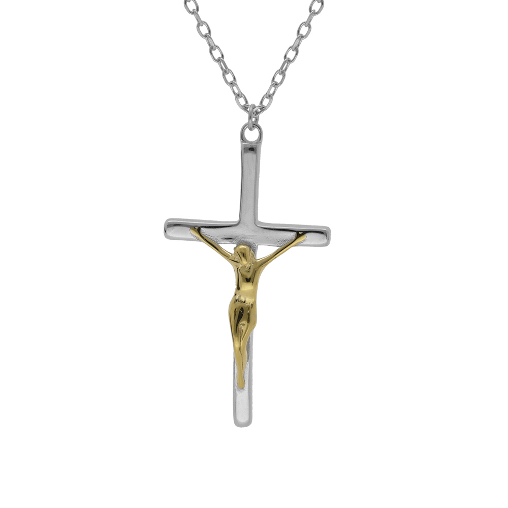 Collier en argent et dorure jaune pendentif croix 25mm X 15mm 39+4cm