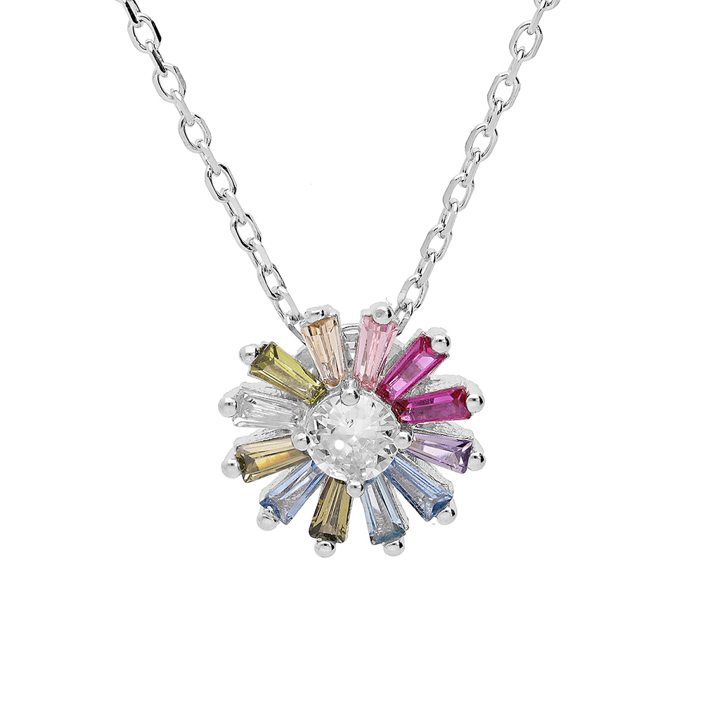 Collier en argent rhodié chaîne avec pendentif fleur d'oxydes multicouleurs 39+2+2cm