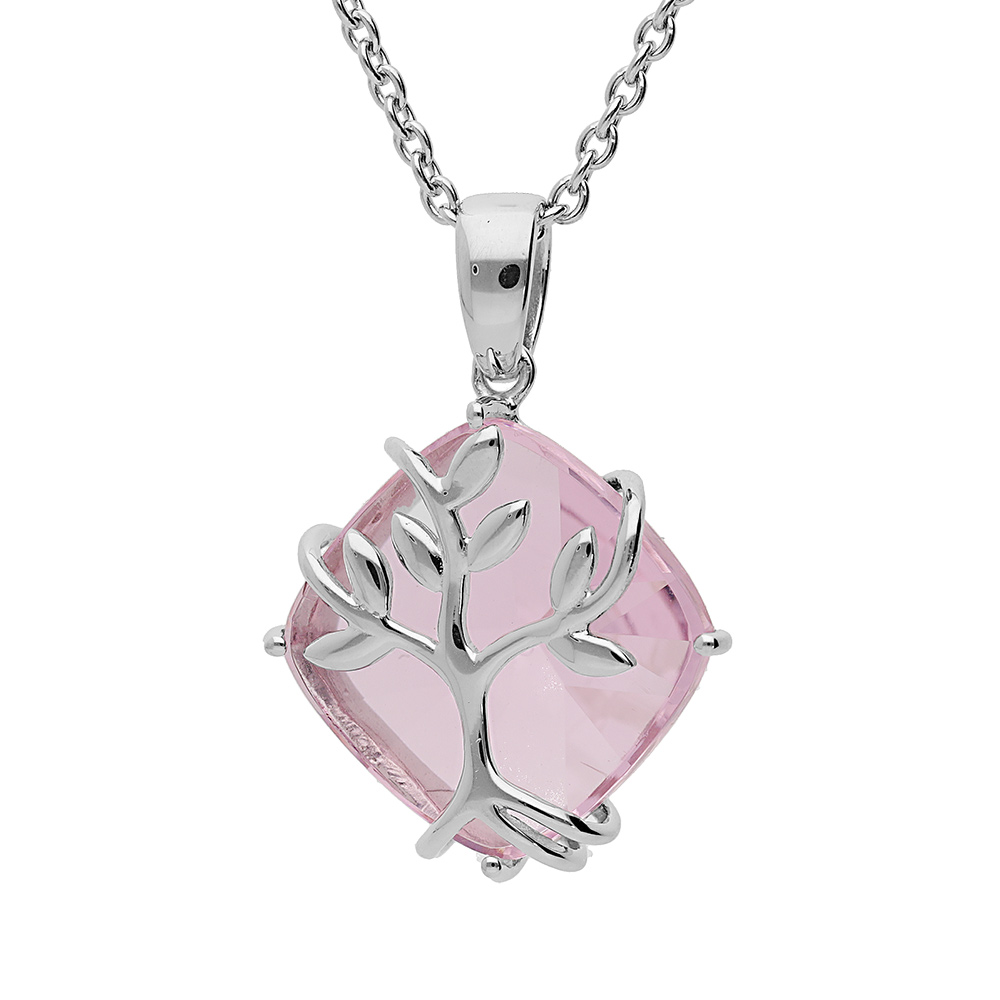 Collier en argent platiné chaîne avec pendentif oxyde rose motif arbre de vie 42+3cm