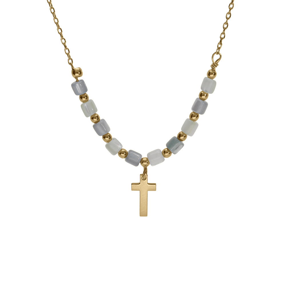 Collier argent doré croix avec perles nacre véritable blanche et teintée bleu réglable 40 à 45cm