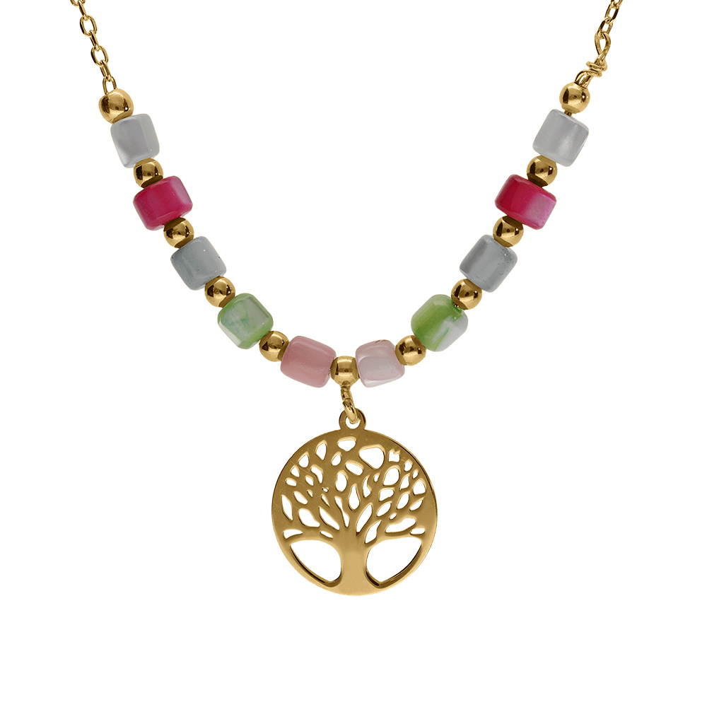Collier argent doré arbre de vie et perles nacre véritable teintée réglable 40 à 45cm