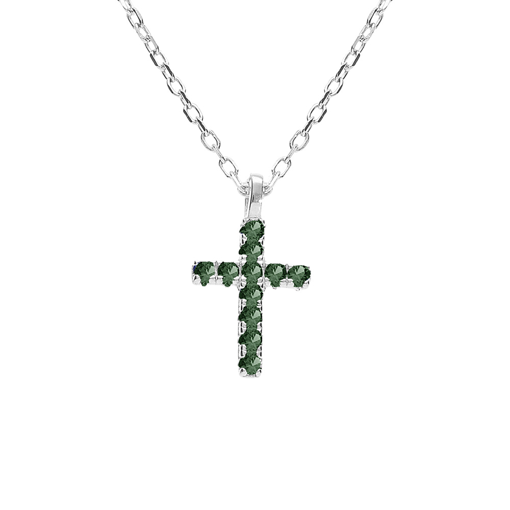 Collier argent rhodié pendentif croix oxydes vert réglable 42 à 45cm
