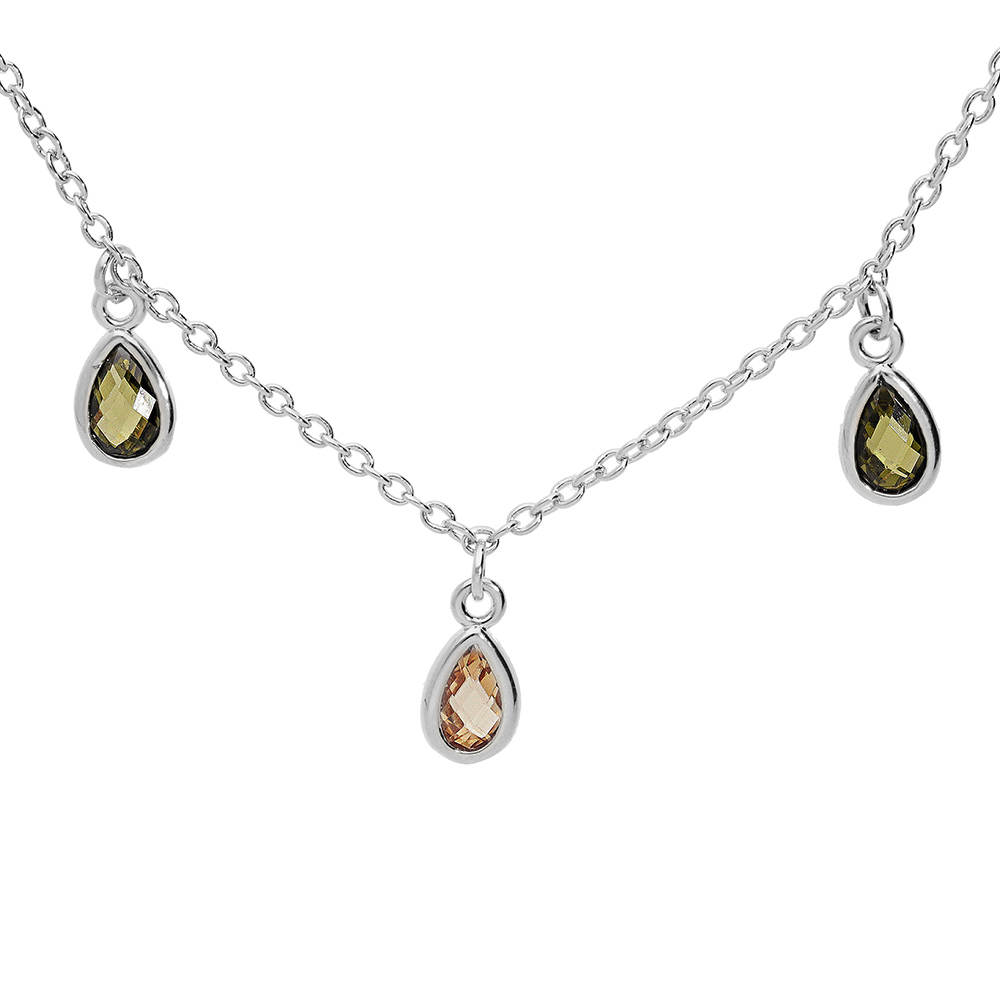 Collier en argent rhodié chaîne avec pampilles d'oxydes verts et orangé en forme de gouttes 40+5cm