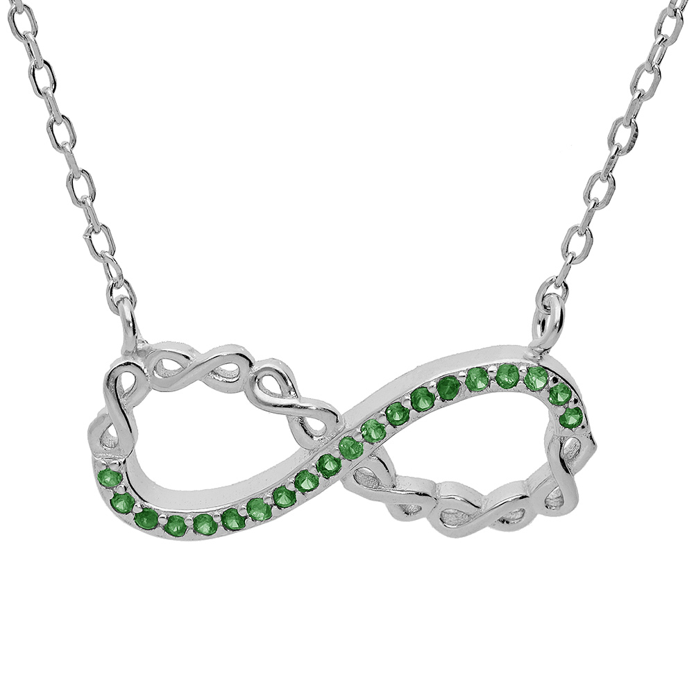 Collier en argent rhodié chaîne avec pendentif infini et oxydes verts 44cm réglable 42 et 40