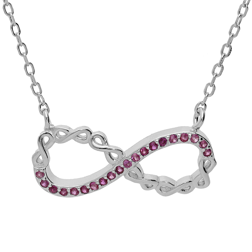 Collier en argent rhodié chaîne avec pendentif infini et oxydes roses 44cm réglable 42 et 40