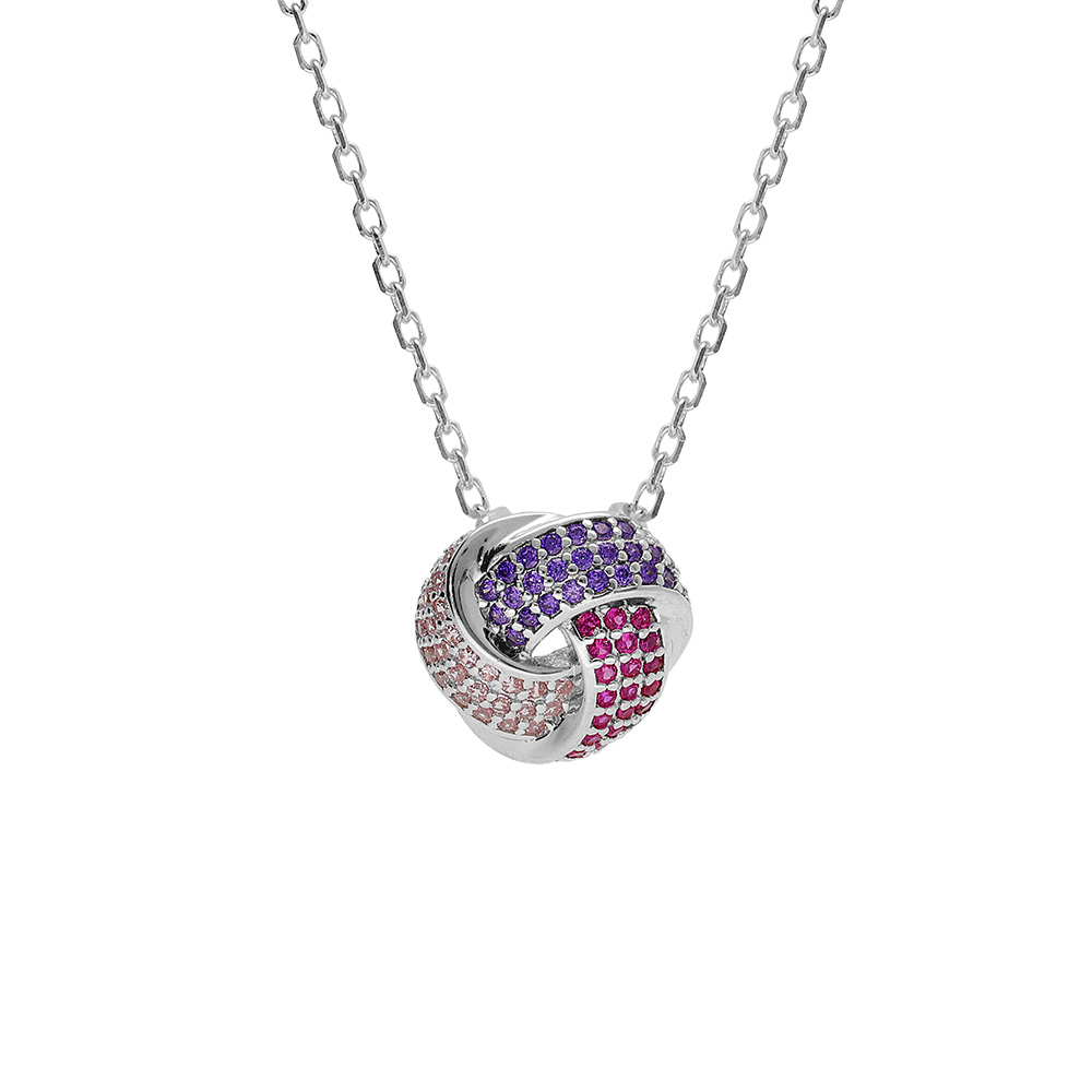 Collier en argent rhodié pendentif 3 rubans dégradé oxydes rose et violet 42+3cm