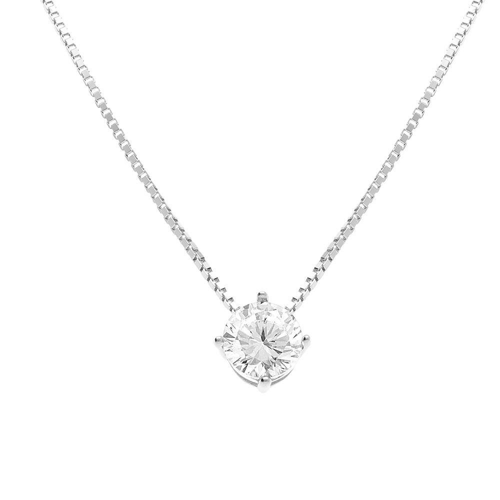 Collier solitaire en argent rhodié chaîne maille vénitienne avec pendentif rond pierres blanches serties 4 griffes - longueur 42 cm