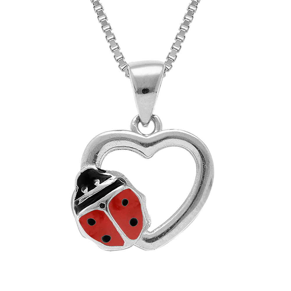Collier enfant en argent rhodié chaîne avec pendentif coeur et coccinelle 36+2cm