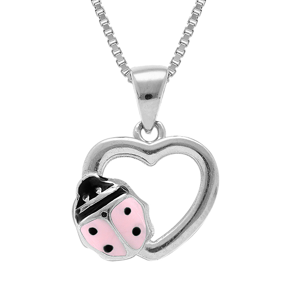 Collier en argent rhodié pendentif coeur avec coccinelle résine rose  - 36+2cm