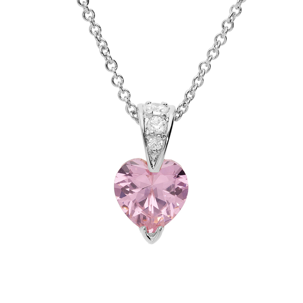 Collier en argent rhodié chaîne avec pendentif coeur en oxyde roses et blancs 42+3cm