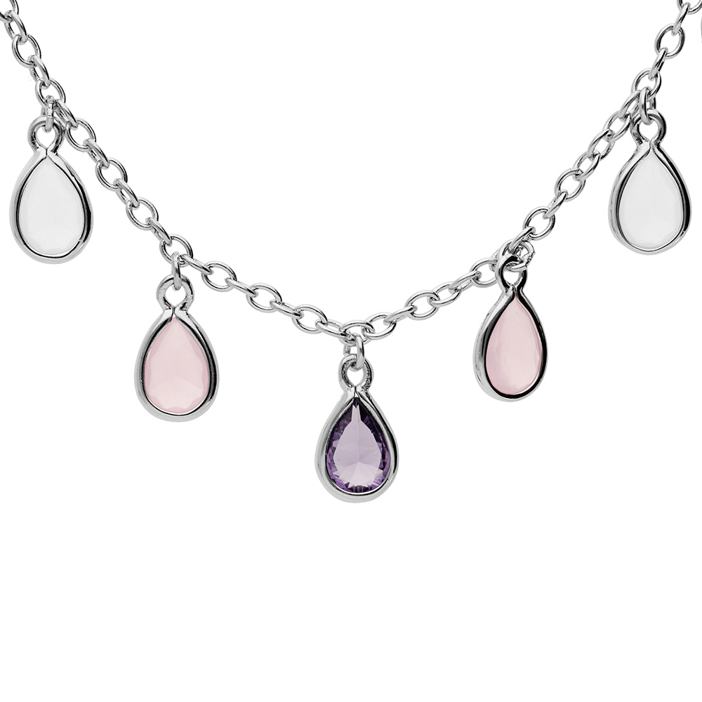 Collier en argent rhodié chaîne avec pampilles d'oxydes multi couleurs en forme de forme goutte 36+6cm