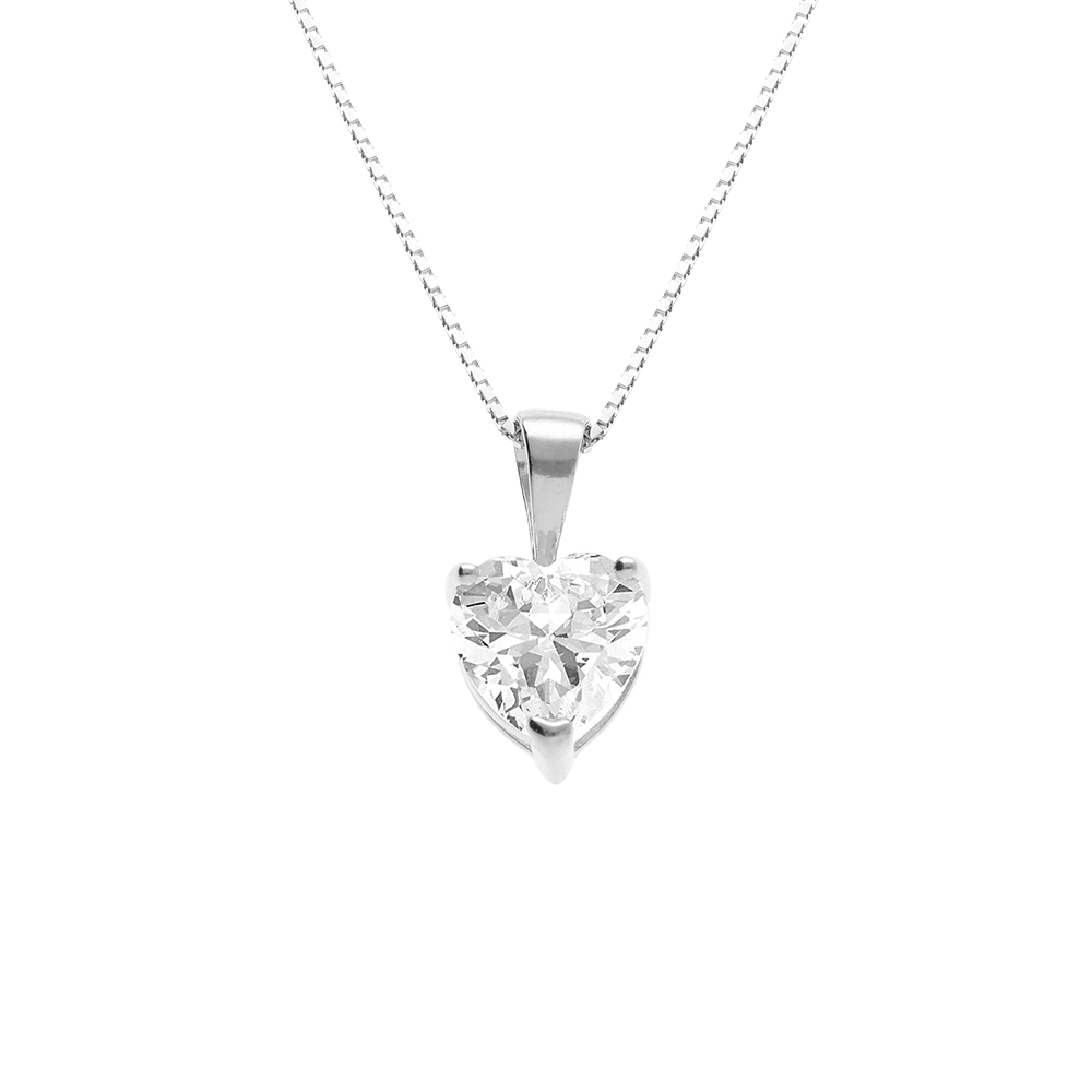 Collier en argent rhodié chaîne avec pendentif coeur en oxyde blanc serti - longueur 42cm + 3cm de rallonge