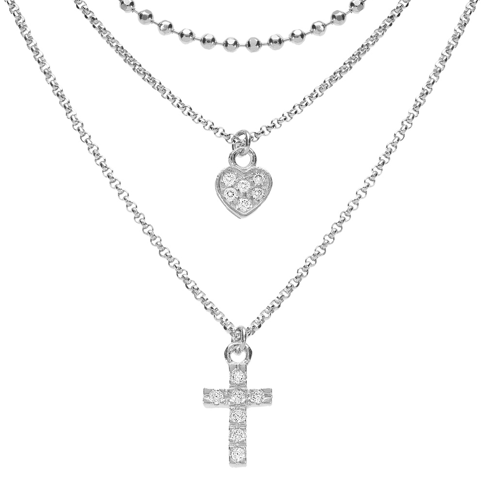 Collier en argent rhodié triple chaîne avec pendentifs coeur et croix 35+5cm