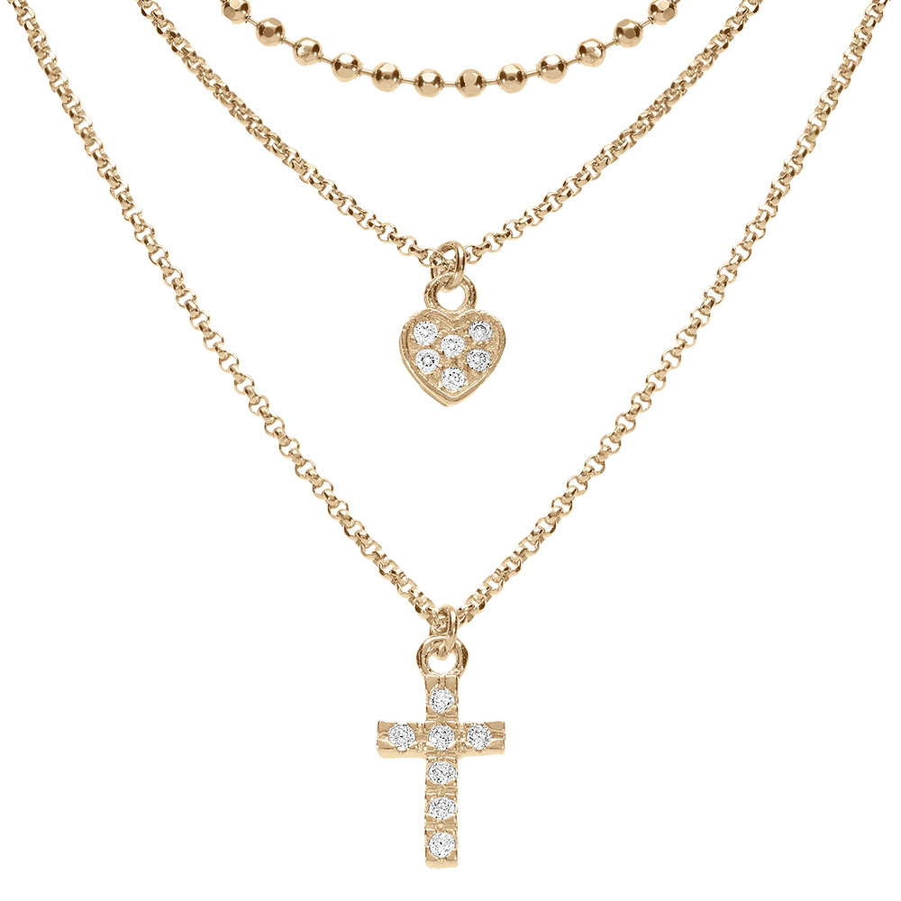 Collier en argent et dorure jaune triple chaîne avec pendentifs coeur et croix 35+5cm