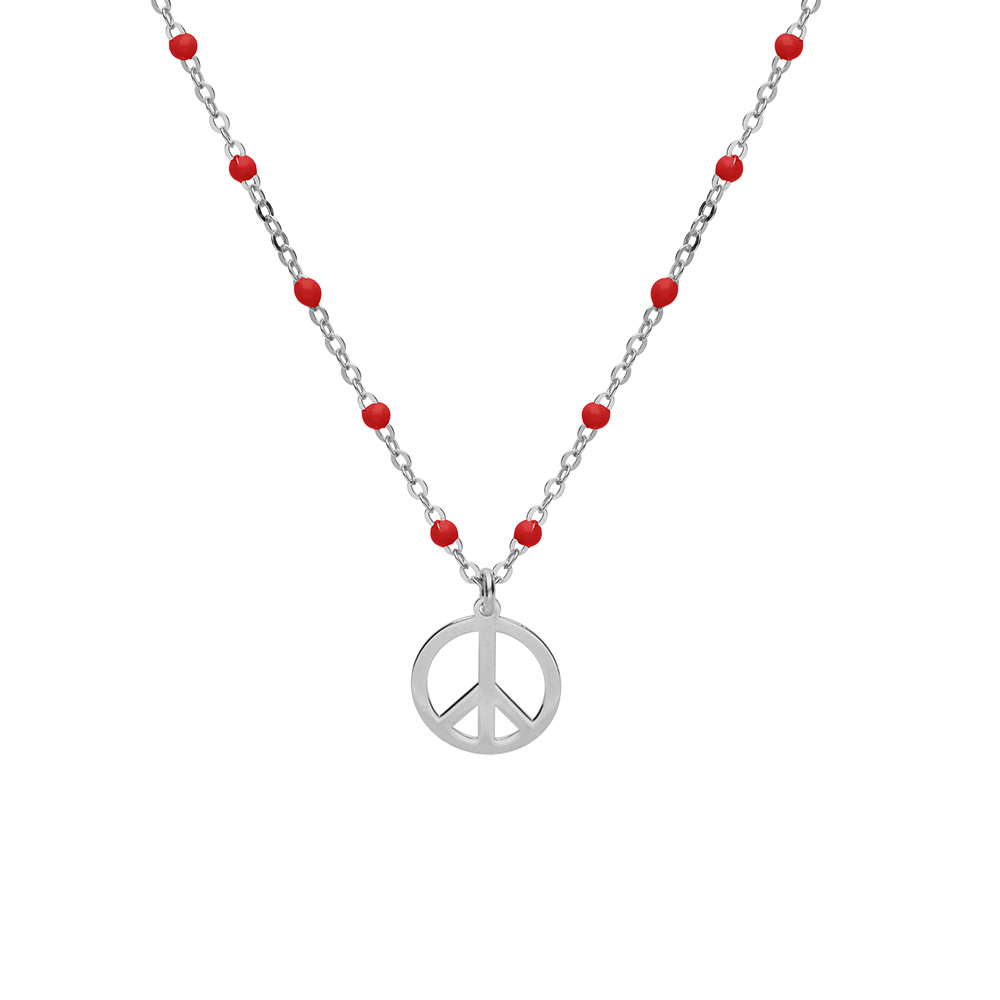 Collier en argent rhodié chaîne avec boules couleur rouges motif peace and love 40+5cm