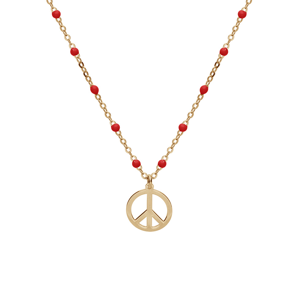 Collier en argent et dorure jaune chaîne avec boules couleur rouge motif peace and love 40+5cm