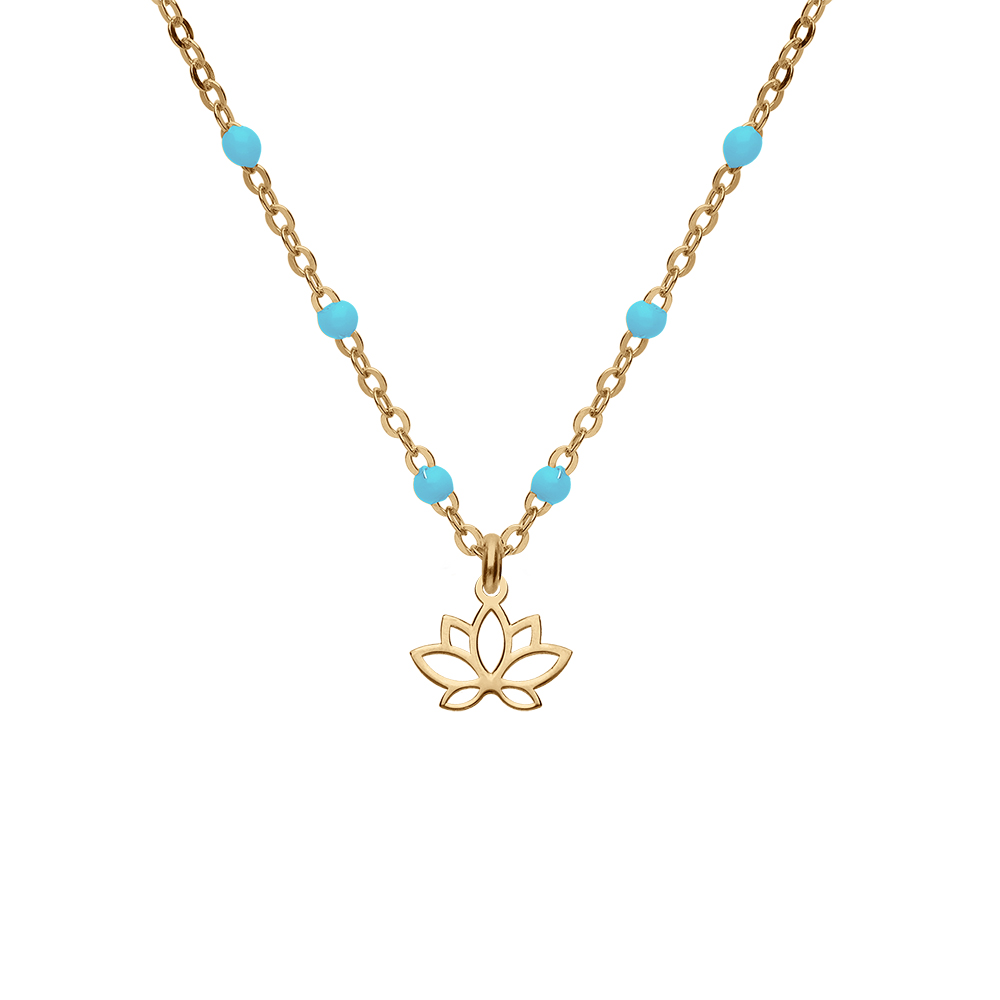Collier en argent et dorure jaune chaîne avec boules couleur bleu avec pendentif fleur de lotus 40+5cm