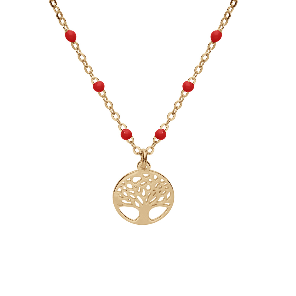 Collier en argent et dorure jaune chaîne avec boules couleur rouge avec pendentif arbre de vie 40+5cm