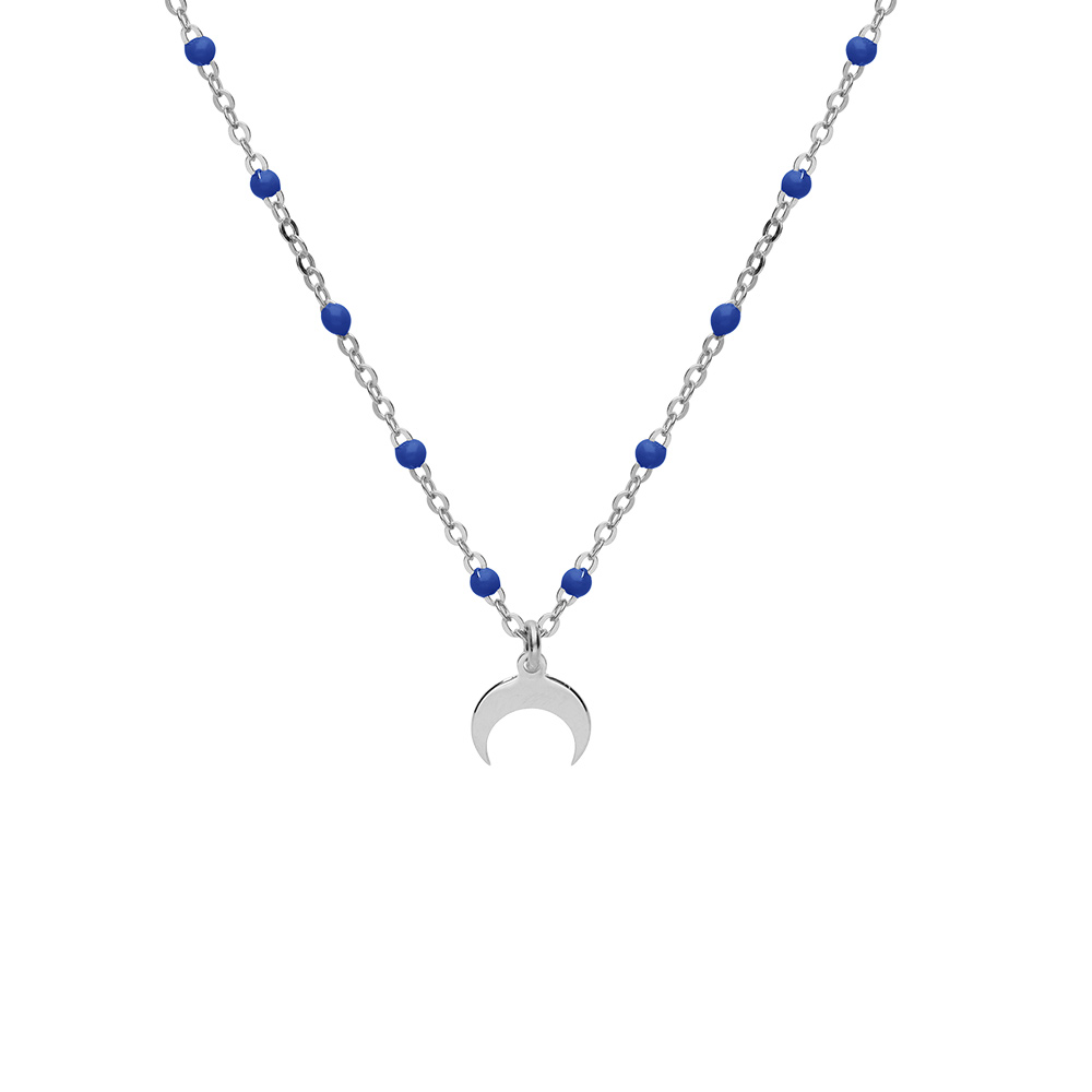 Collier en argent rhodié chaîne avec boules couleur bleu foncé avec pendentif demi lune 40+5cm