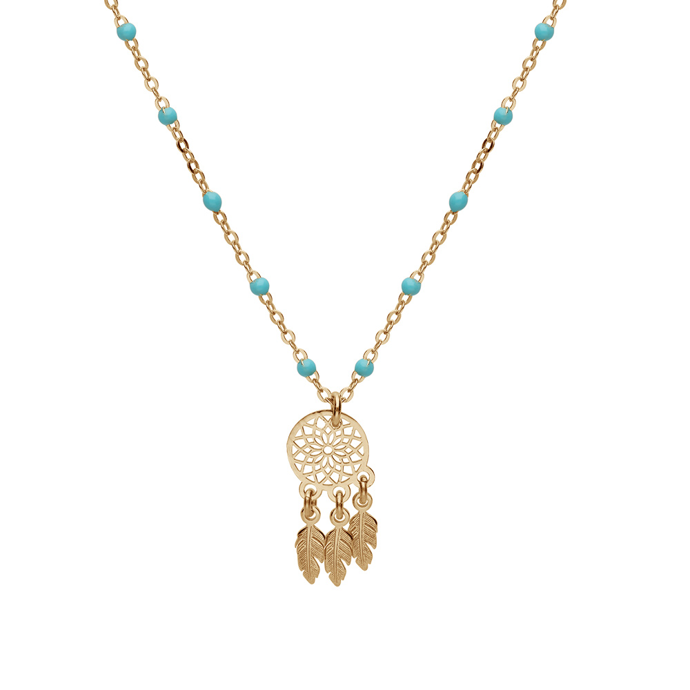 Collier en argent et dorure jaune chaîne avec boules couleur turquoise avec pendentif attrape rêve 40+5cm