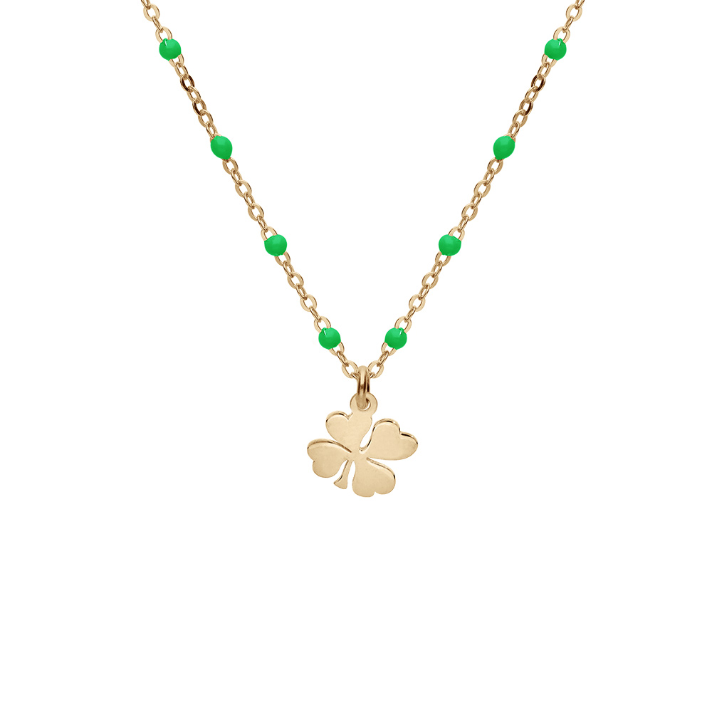 Collier en argent et dorure jaune chaîne avec boules couleur verte avec pendentif trèfles 40+5cm