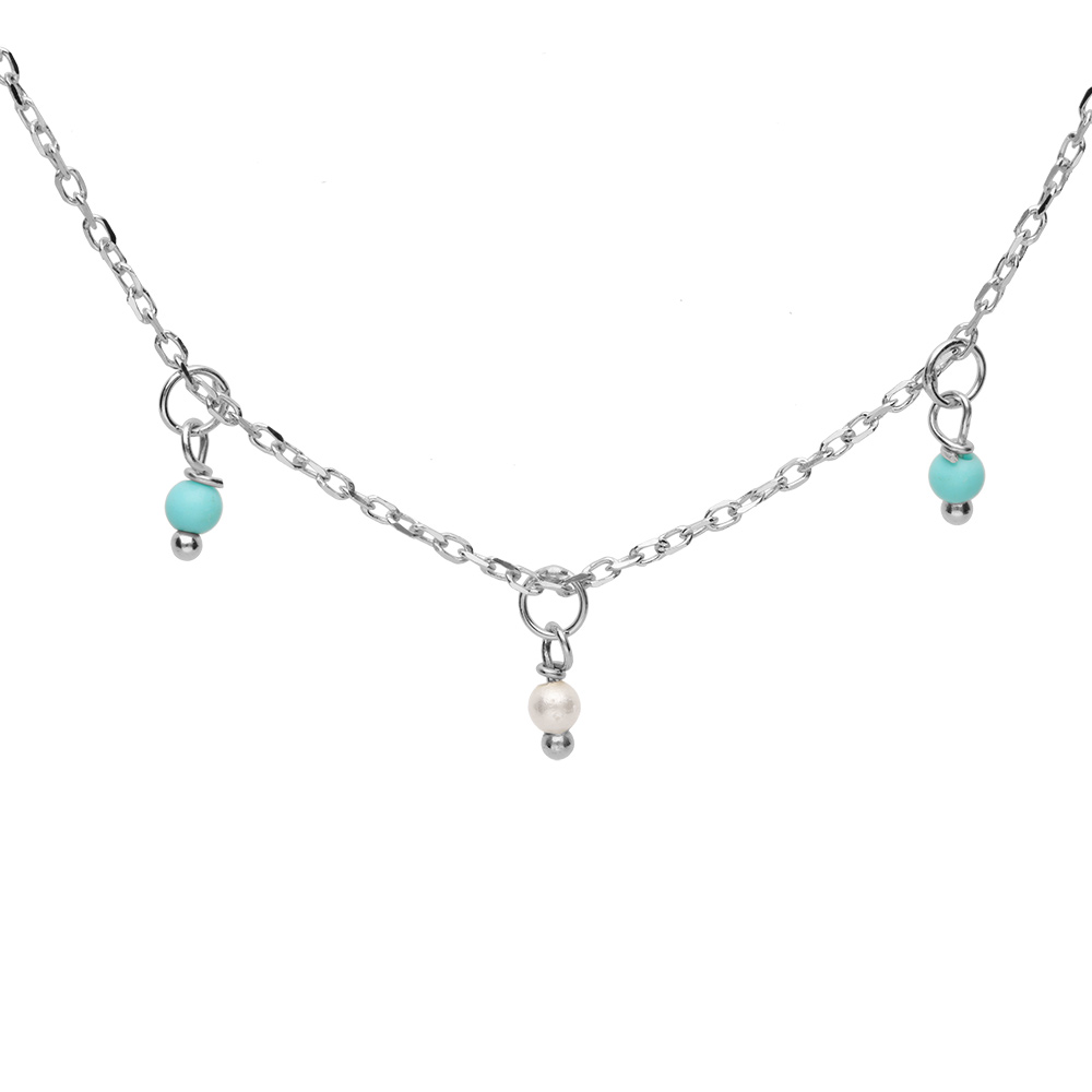 Collier en argent rhodié chaîne avec pampilles boules empierrées couleur turquoise 40+5cm