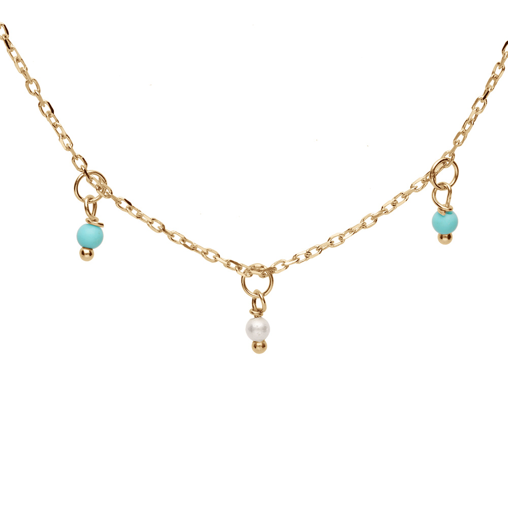 Collier en argent et dorure jaune chaîne avec pampilles boules empierrées couleur turquoise 40+5cm
