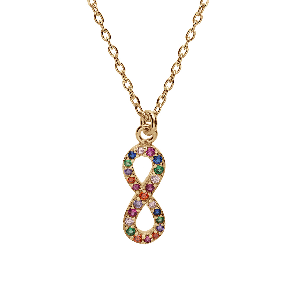 Collier en argent et dorure jaune chaîne avec pendentif infini empierrés et pampilles boules multi couleurs et 40+5cm