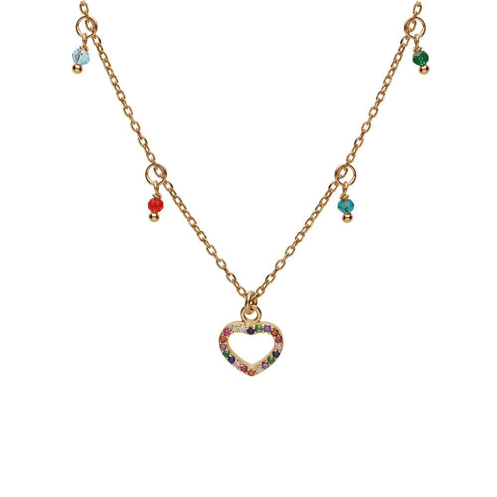 Collier en argent et dorure jaune chaîne avec pendentif coeurs et pampilles empierrés multi couleurs 40+5cm