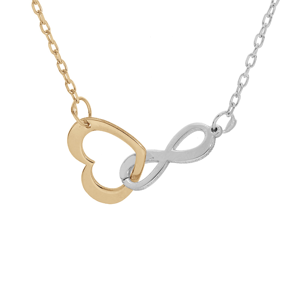 Collier en argent et dorure jaune chaîne avec pendentifs coeur et infini entrelacés 40+5cm