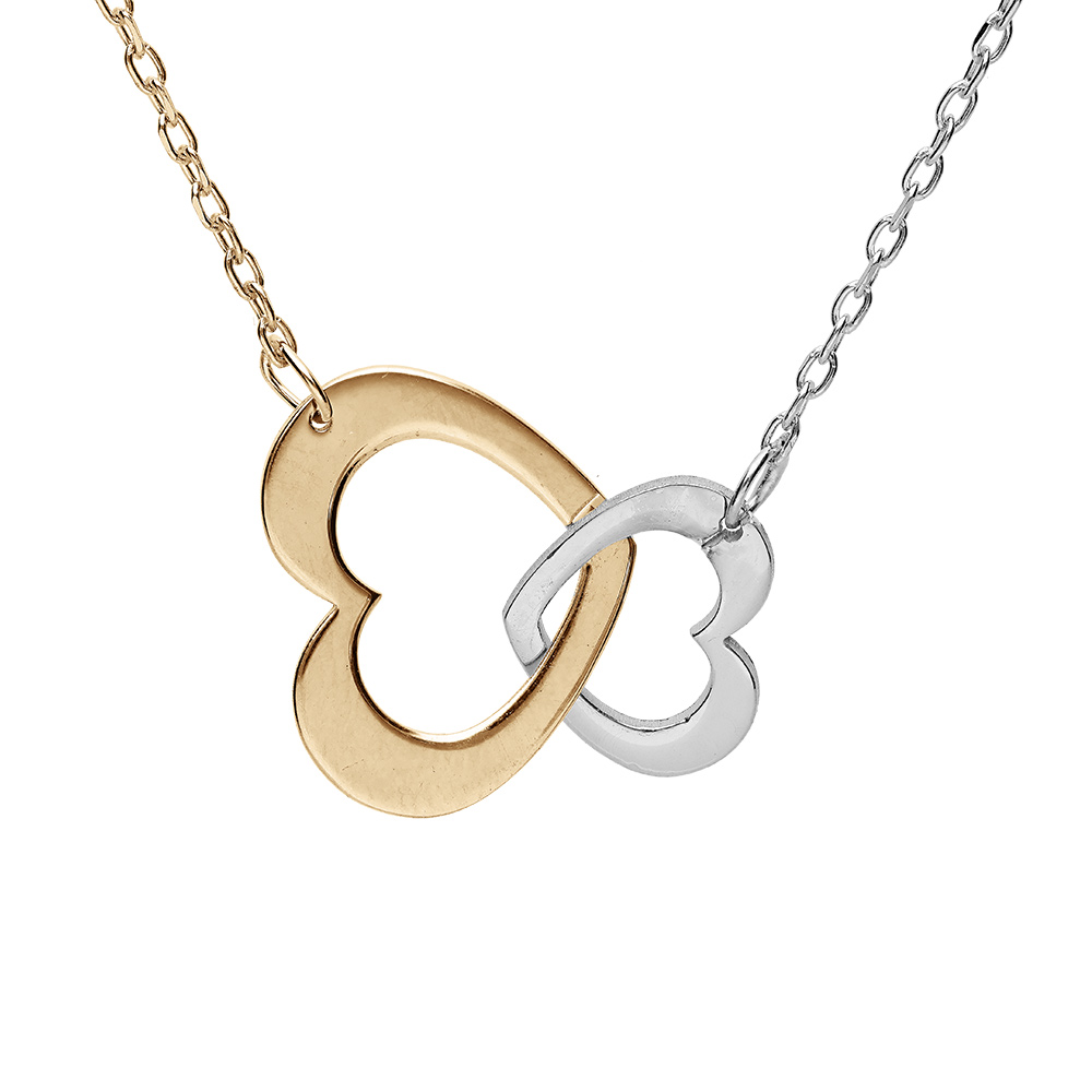 Collier en argent et dorure jaune chaîne avec pendentifs coeur double 2 tons 40+5cm