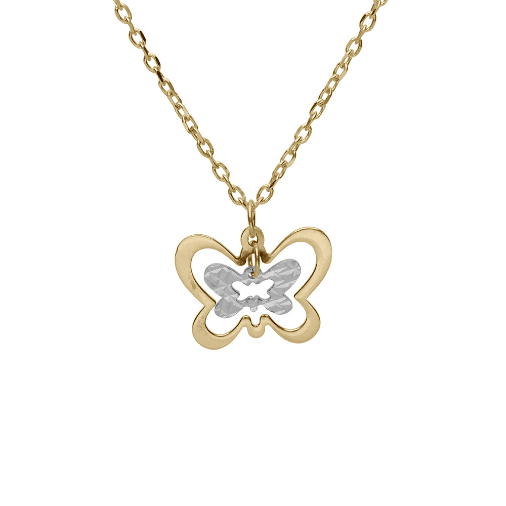 Collier en argent rhodié et dorure jaune chaîne avec pendentifs double papillon 2 tons 40+5cm