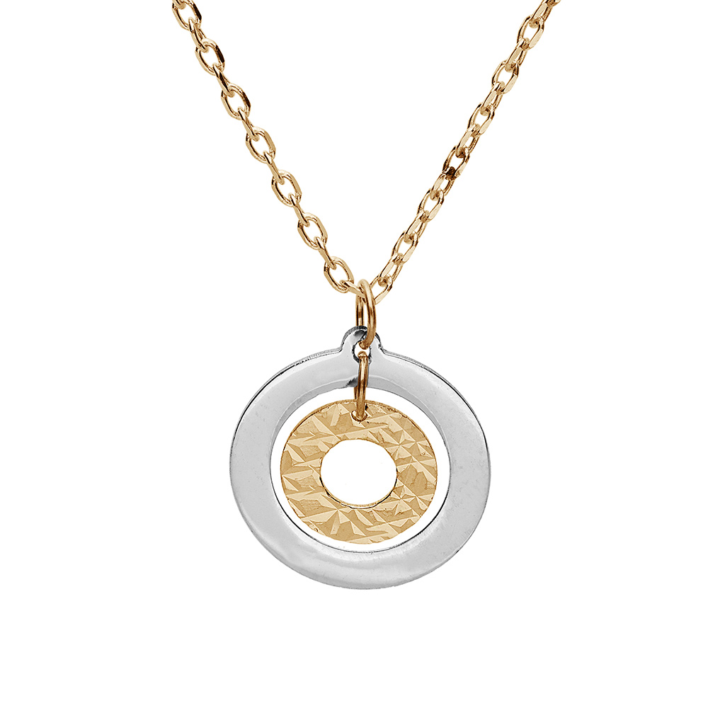 Collier en argent et dorure jaune chaîne avec pendentif double cercle 2 tons 40+5cm