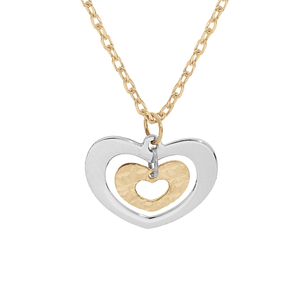 Collier en argent rhodié et dorure jaune chaîne avec pendentif double coeur 2 tons 40+5cm